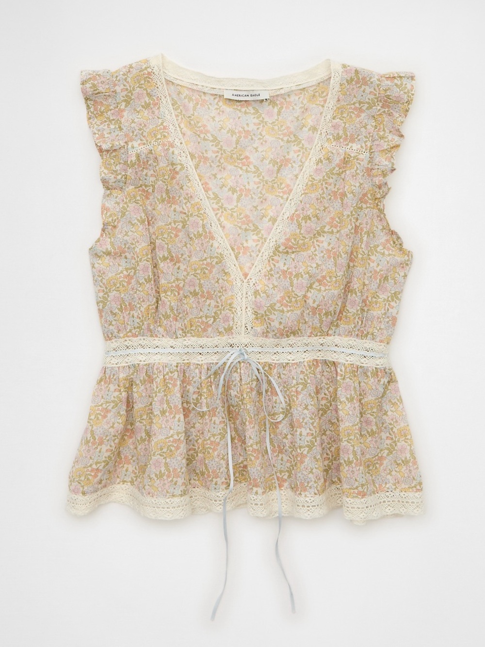 American Eagle Outfitters Pink Floral Lace-Trim Peplum Sleeveless Top